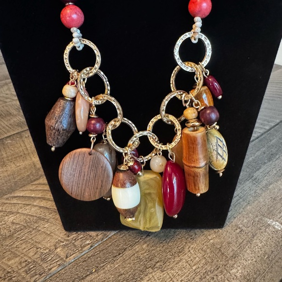 Chicos Tribal Boho Multi-Color Copal Beads Necklace Statement Goldtone Cord - Picture 2 of 11